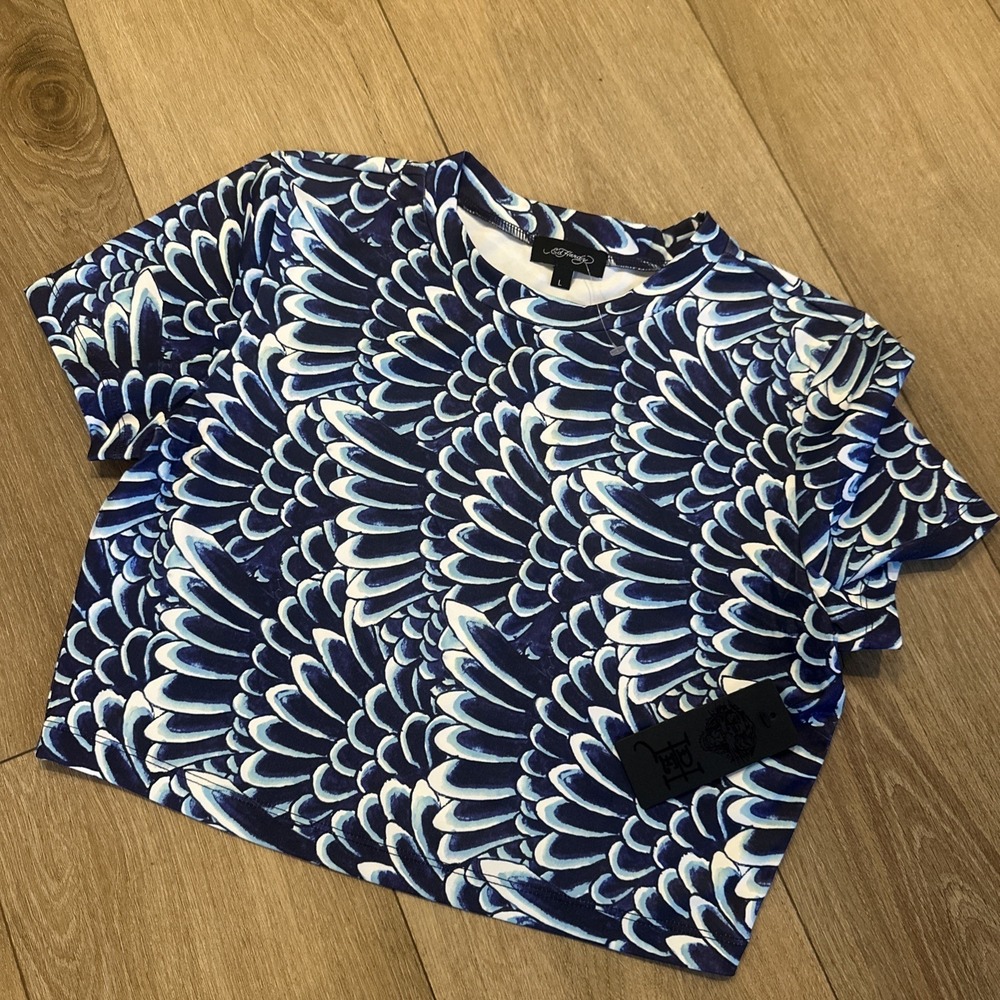 Ed Hardy Womens Large Blue White Feather Print Crop Top Performance Skate‎ Emo L